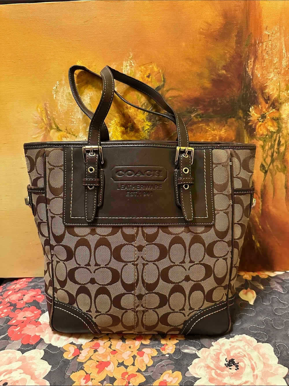 Coach Brown Signature Canvas Tote with Dark Brown Leather Trim